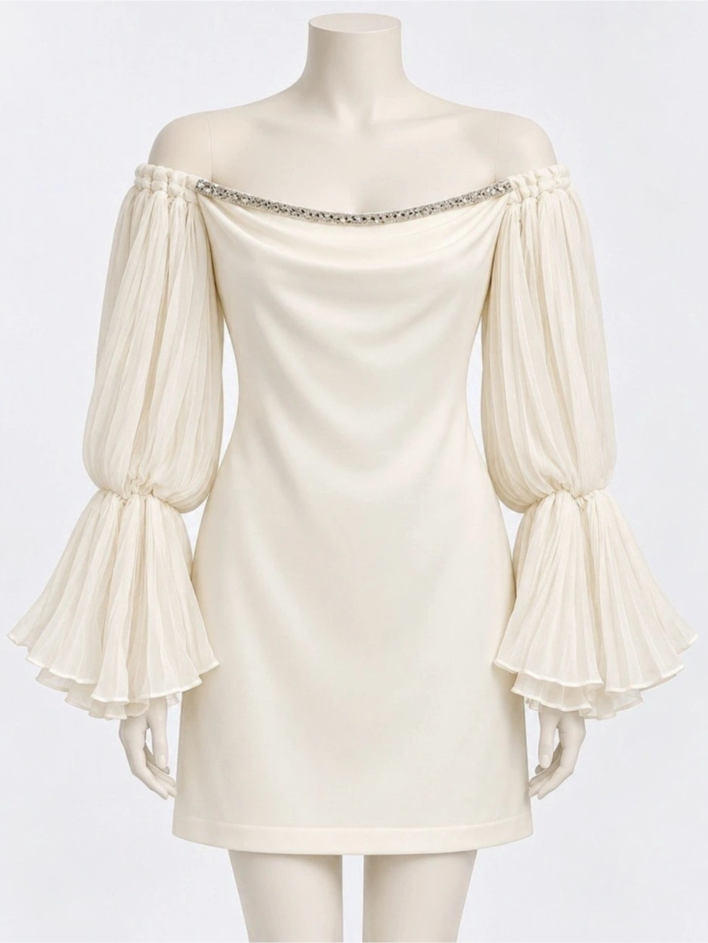 YIGELILA Ivory Off Shoulder Mini Dress Pleated Chiffon Bell Sleeves Size M
